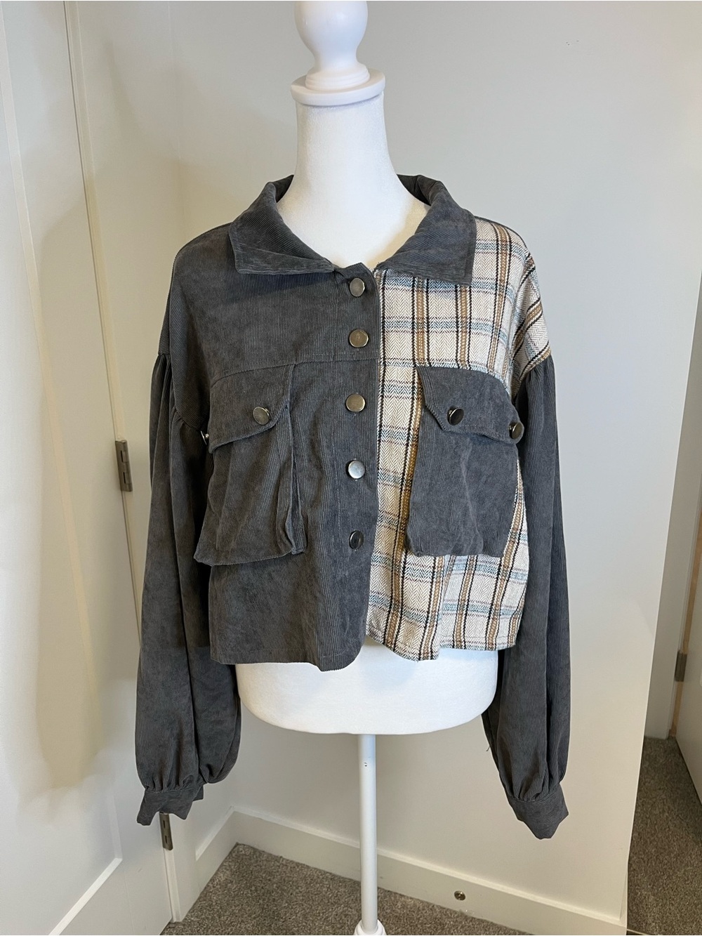 SHEIN Gray/Plaid-Panel Button Front Jacket - FREE SHIPPING on Bundles $95+